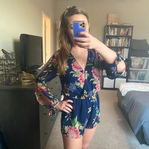 Lulu’s Navy Blue Floral Long Sleeve Romper